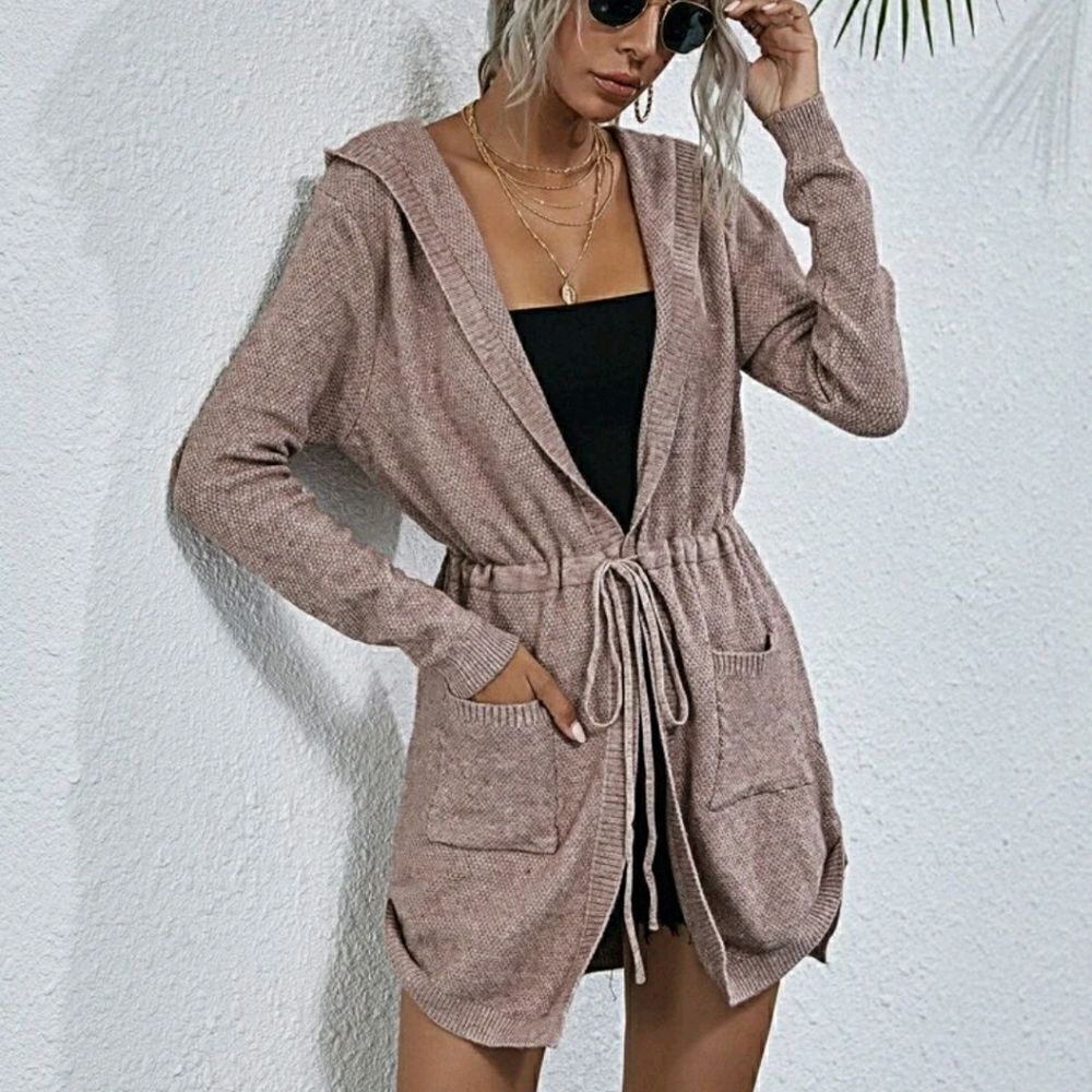 Hooded Drawstring Waist Cardigan - Picture 2 of 11